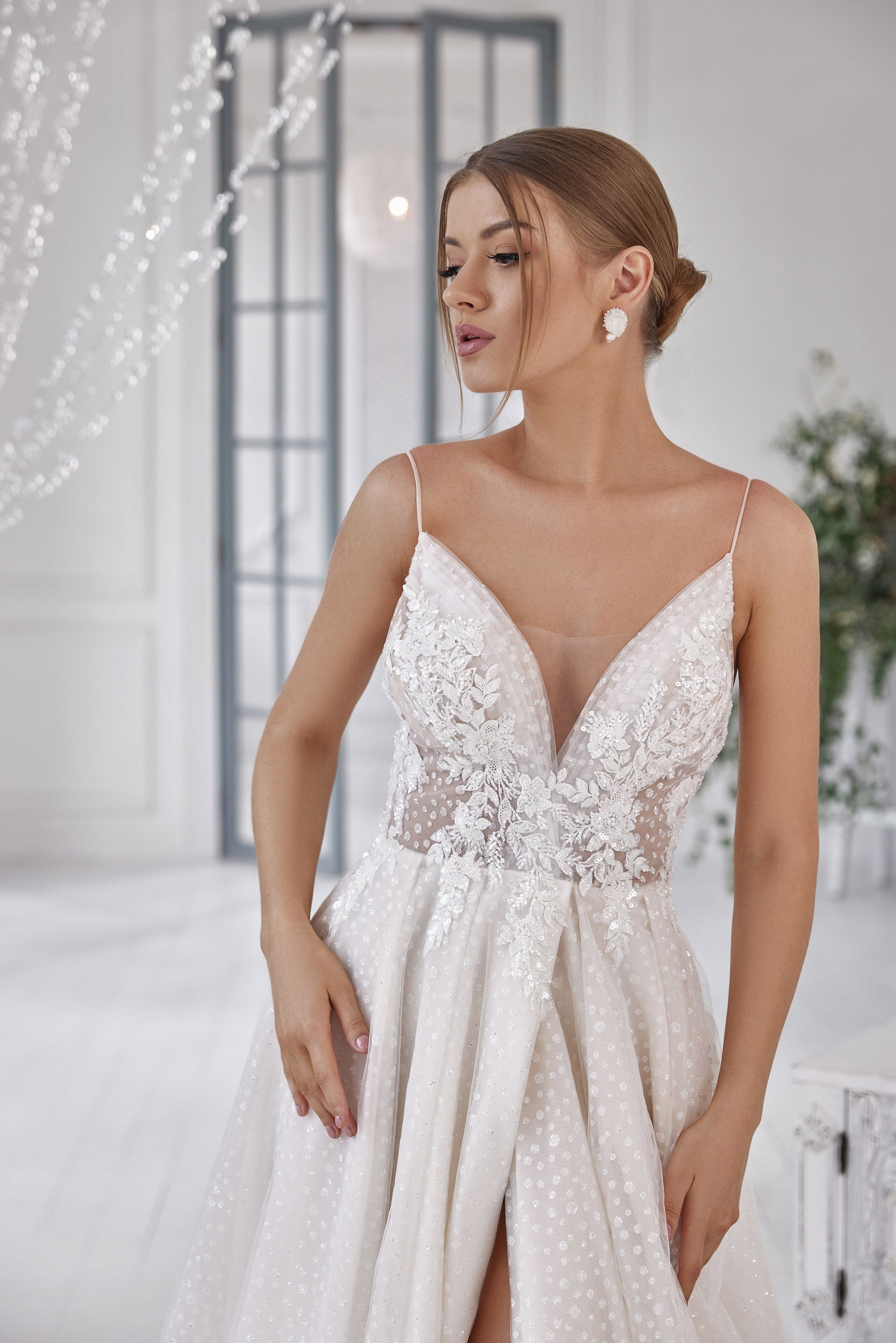 A-Line Wedding Dress with Spaghetti Straps and Lace Bodice