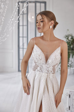 A-Line Wedding Dress with Spaghetti Straps and Lace Bodice