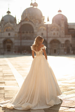 Sparkling Bridal Ballgown with Lacing, Buttons Back, Short Sleeves with 3D Lace, and Deep V-Neck