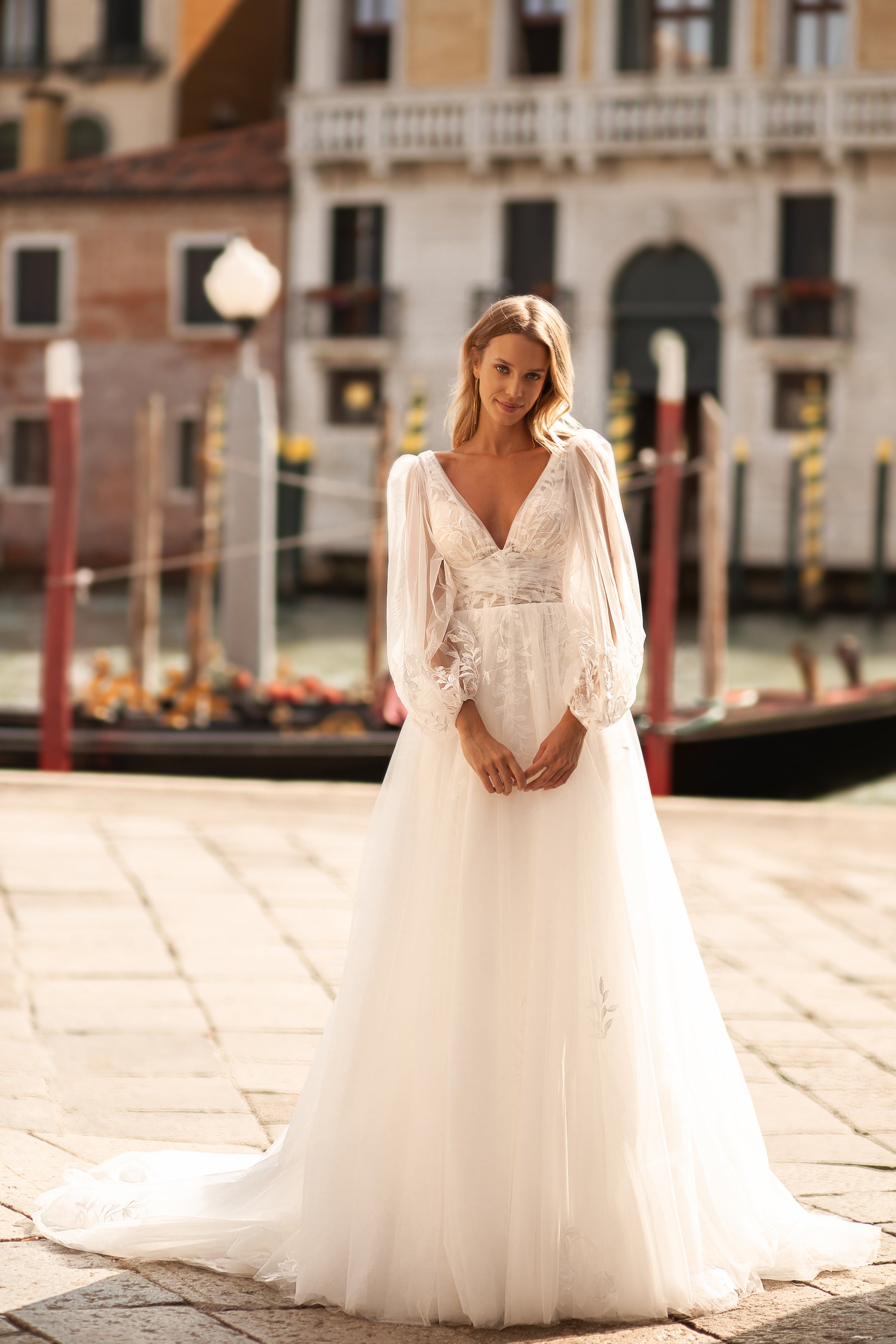 Rustic A-Line Wedding Gown with Tulle Fabric, Puffy Sleeves, V-Neck, and Open Back