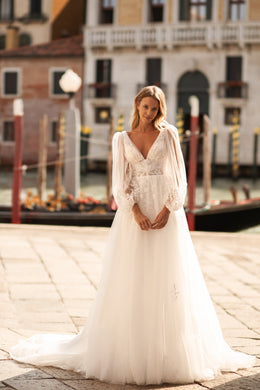 Rustic A-Line Wedding Gown with Tulle Fabric, Puffy Sleeves, V-Neck, and Open Back