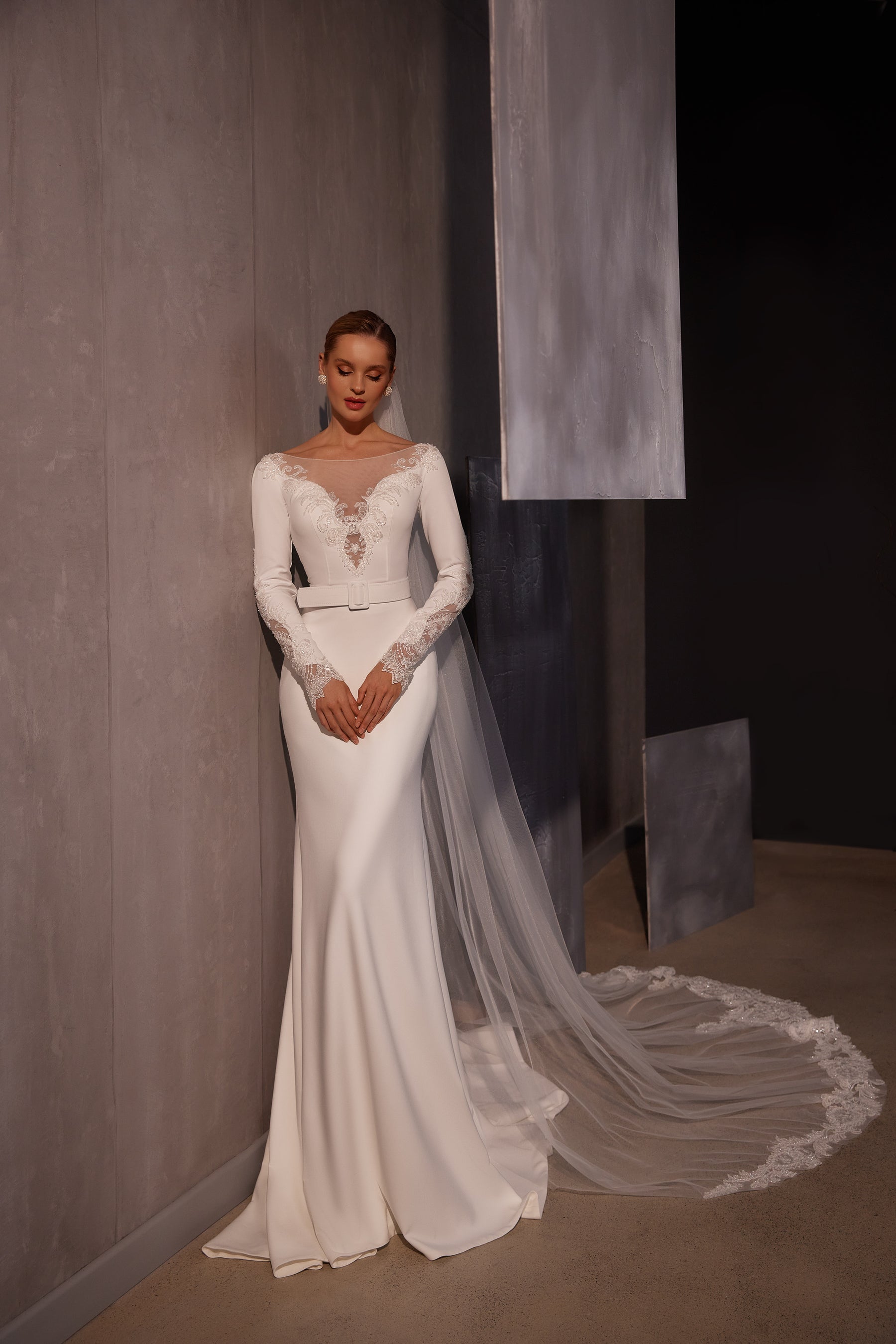 Crepe Mermaid Wedding Dress with Illusion Lace Neckline