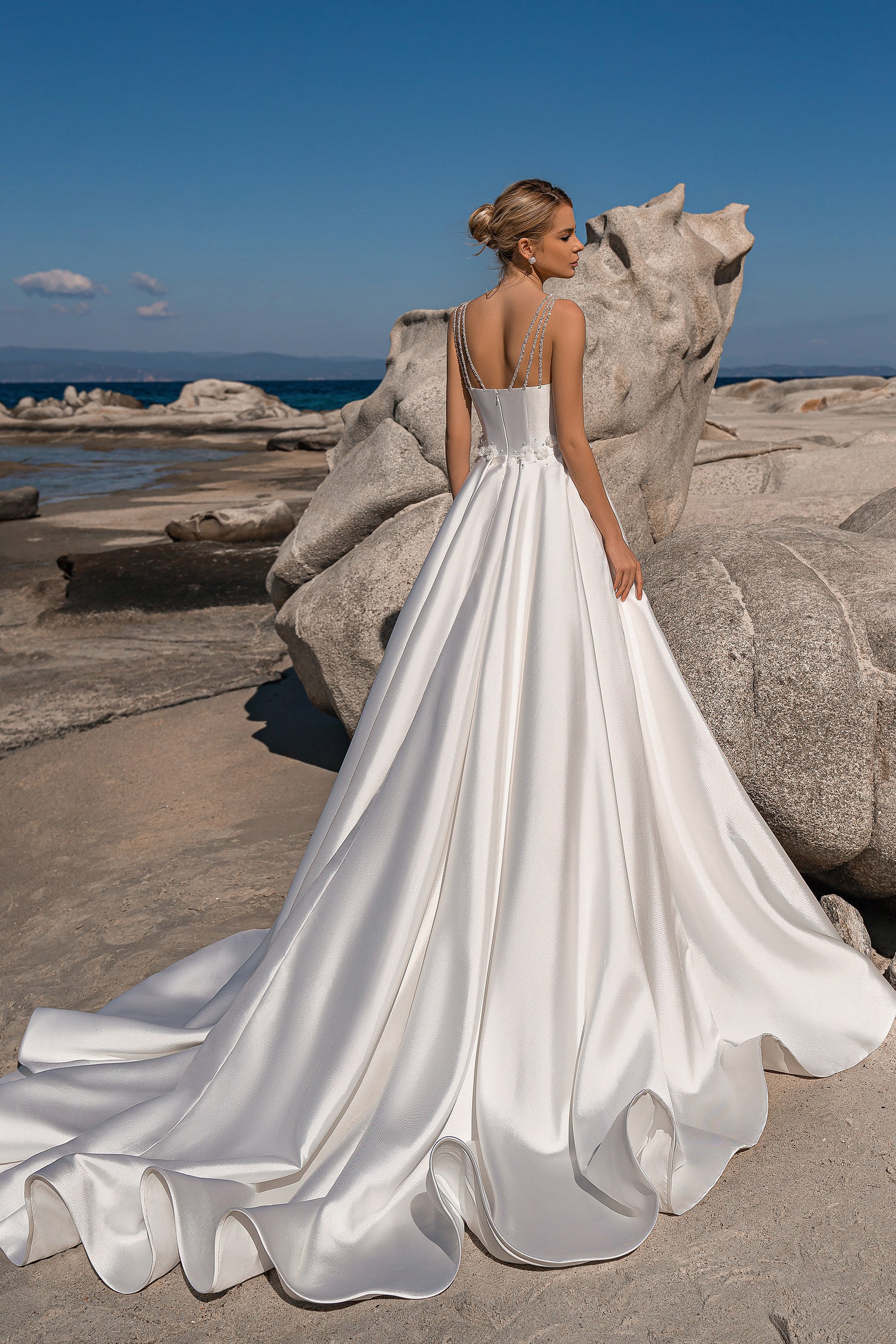 A-Line Satin Wedding Dress with Beaded Straps and Floral Waist