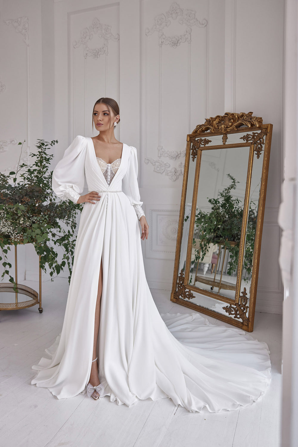 Romantic A-Line Satin Wedding Dress with Lace Appliqués and Beading, Sweetheart Neckline, Long Puff Sleeves, Cathedral Train