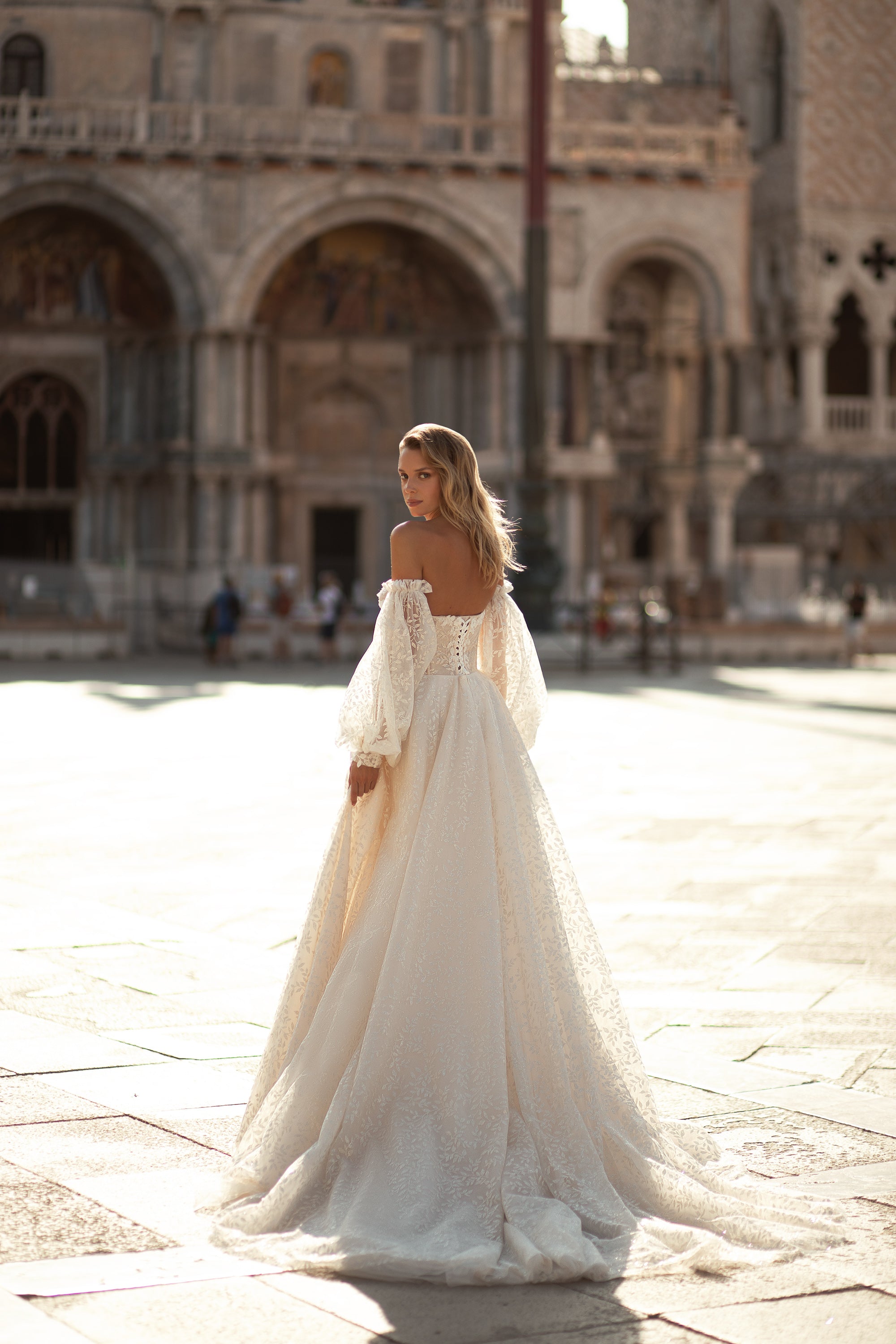 Elegant Lace Wedding Dress with Deep V-Neck, Lacing Back, Detachable Long Sleeves