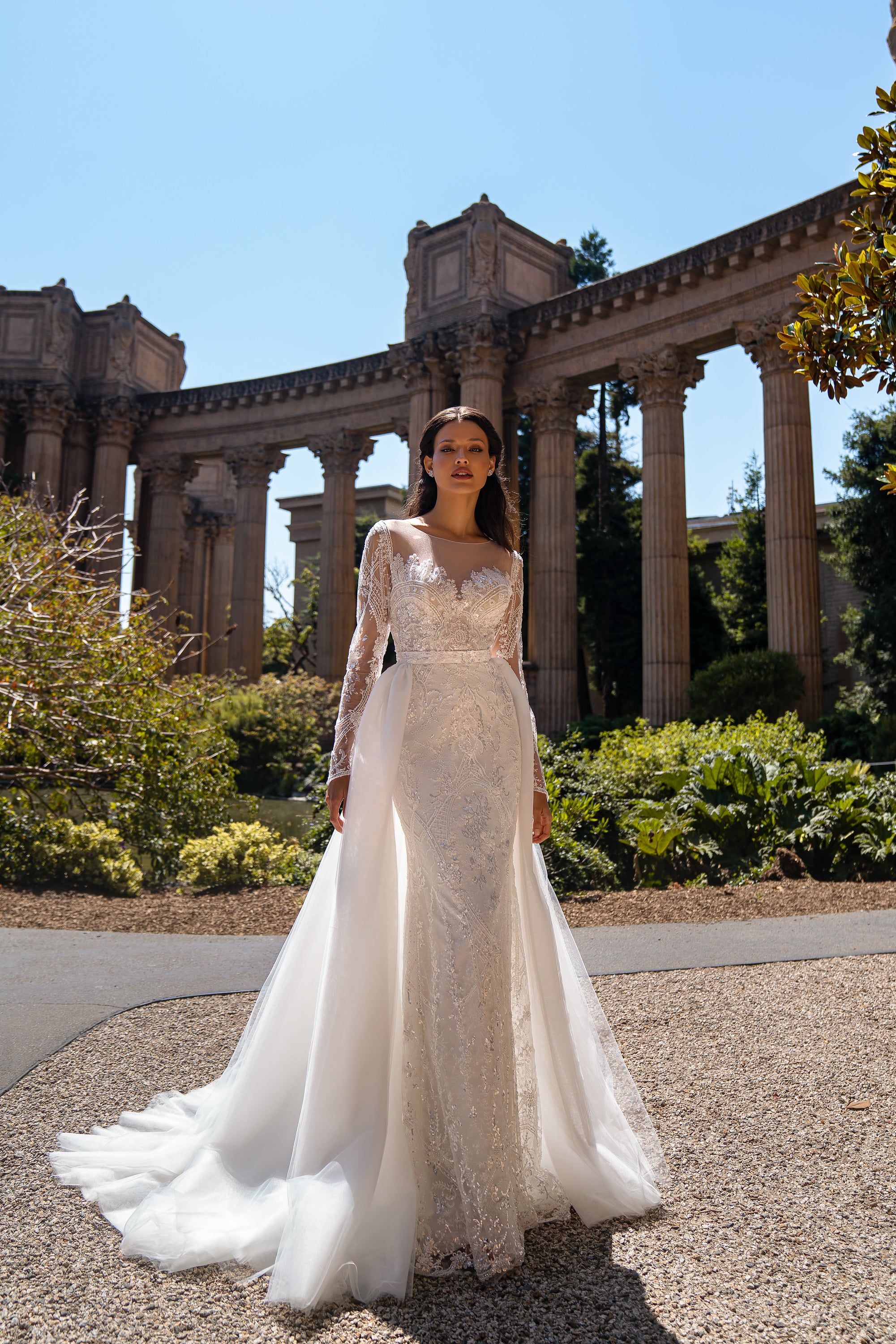 Sheath Wedding Dress with Long Lace Sleeves and Overskirt