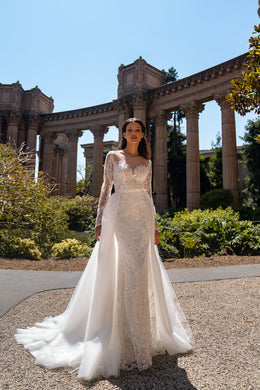 Sheath Wedding Dress with Long Lace Sleeves and Overskirt