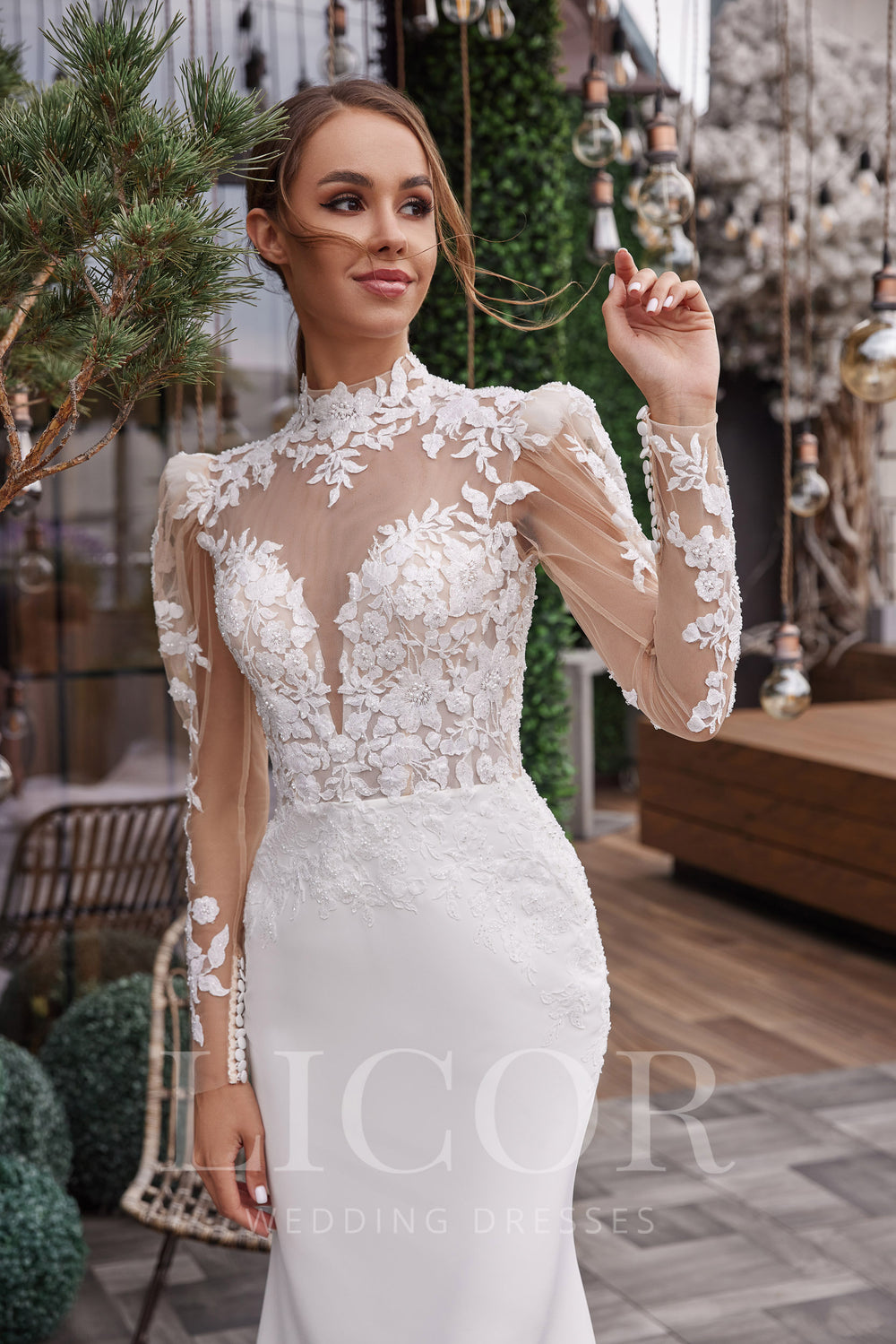 Ball Gown Wedding Dress With Lace Appliqués, High Illusion Neckline, Long Lace Sleeves, Tulle Skirt, Illusion Back, Cathedral Train