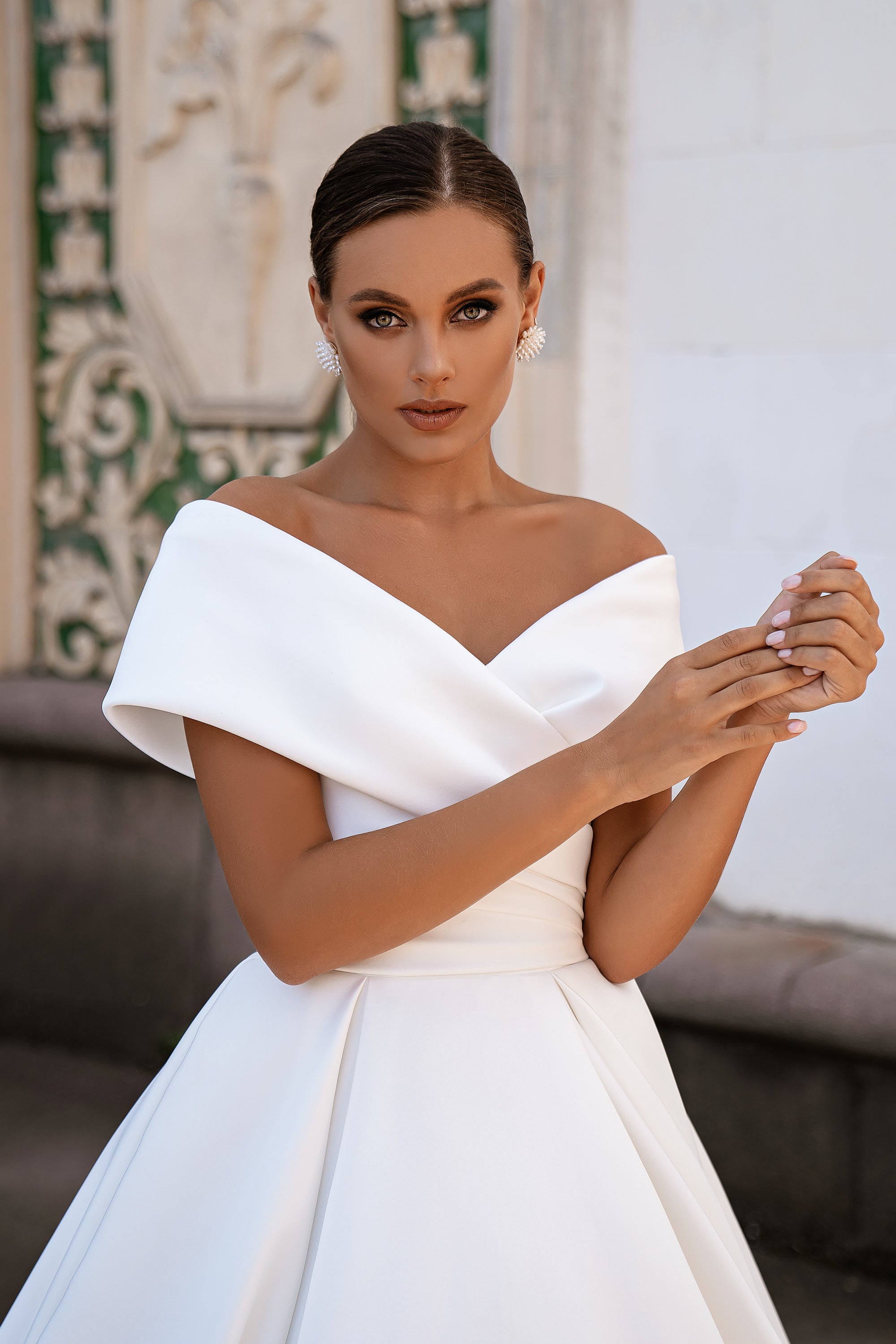 Mikado Ball Gown Wedding Dress with Draped Bardot Neckline