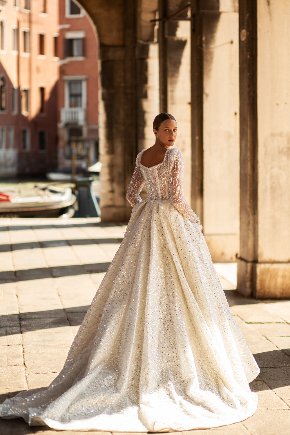 Royal Ballgown Wedding Dress with Sparkle Lace and Long Sleeves - Cathedral Style