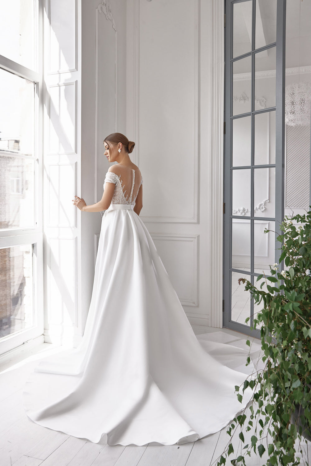 Romantic A-Line Wedding Dress In Satin With Beaded Bodice And Crystals, Off-the-Shoulder Neckline, Sleeveless, Cathedral Train, Floor-Length