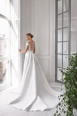 A-Line Satin Wedding Dress with Illusion Back and Off-Shoulder Bodice
