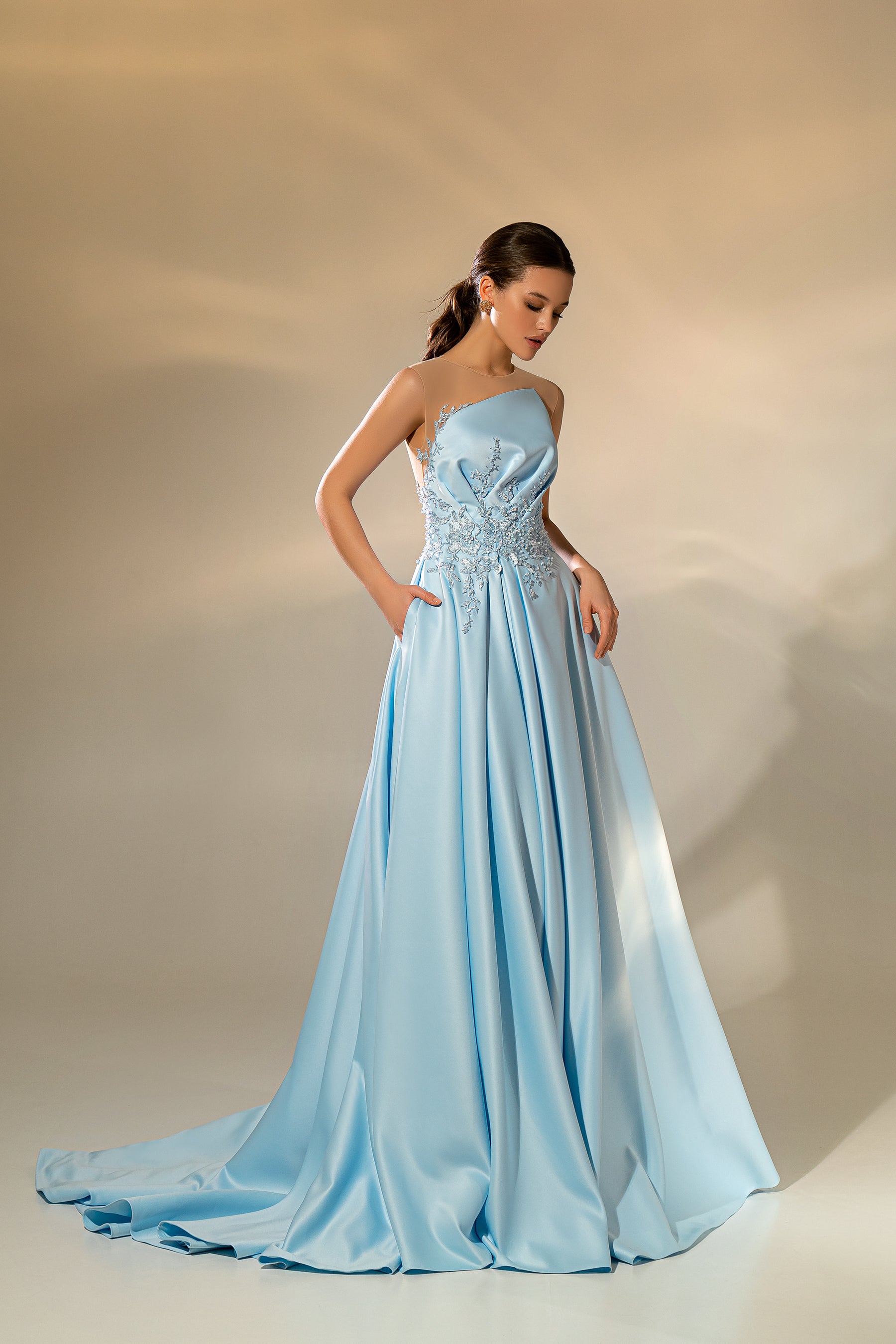 Women's Luxurious Satin Evening Dress with Embroidered Crystal Guipure and Asymmetrical Drapery