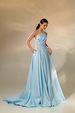 Women's Luxurious Satin Evening Dress with Embroidered Crystal Guipure and Asymmetrical Drapery