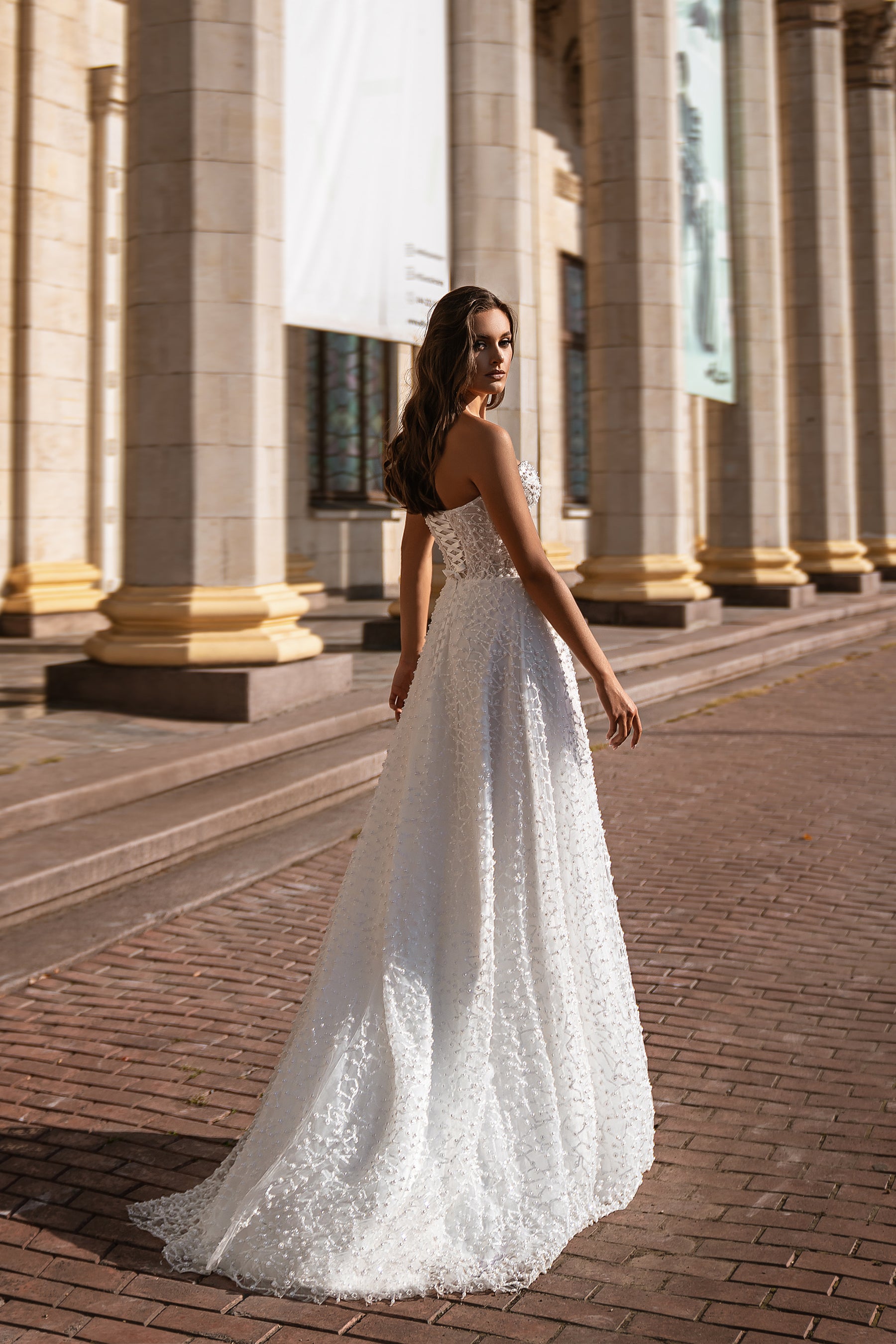 A-Line Wedding Dress with Beaded Corset and Detachable Tulle Shoulder Accent