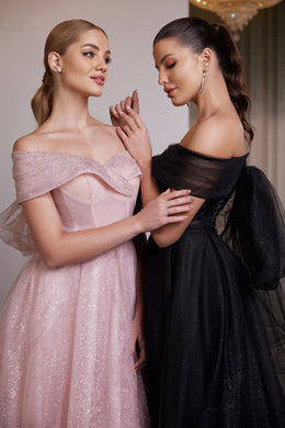 Off-Shoulder Prom Dress with Glitter Fabric and Bow Back