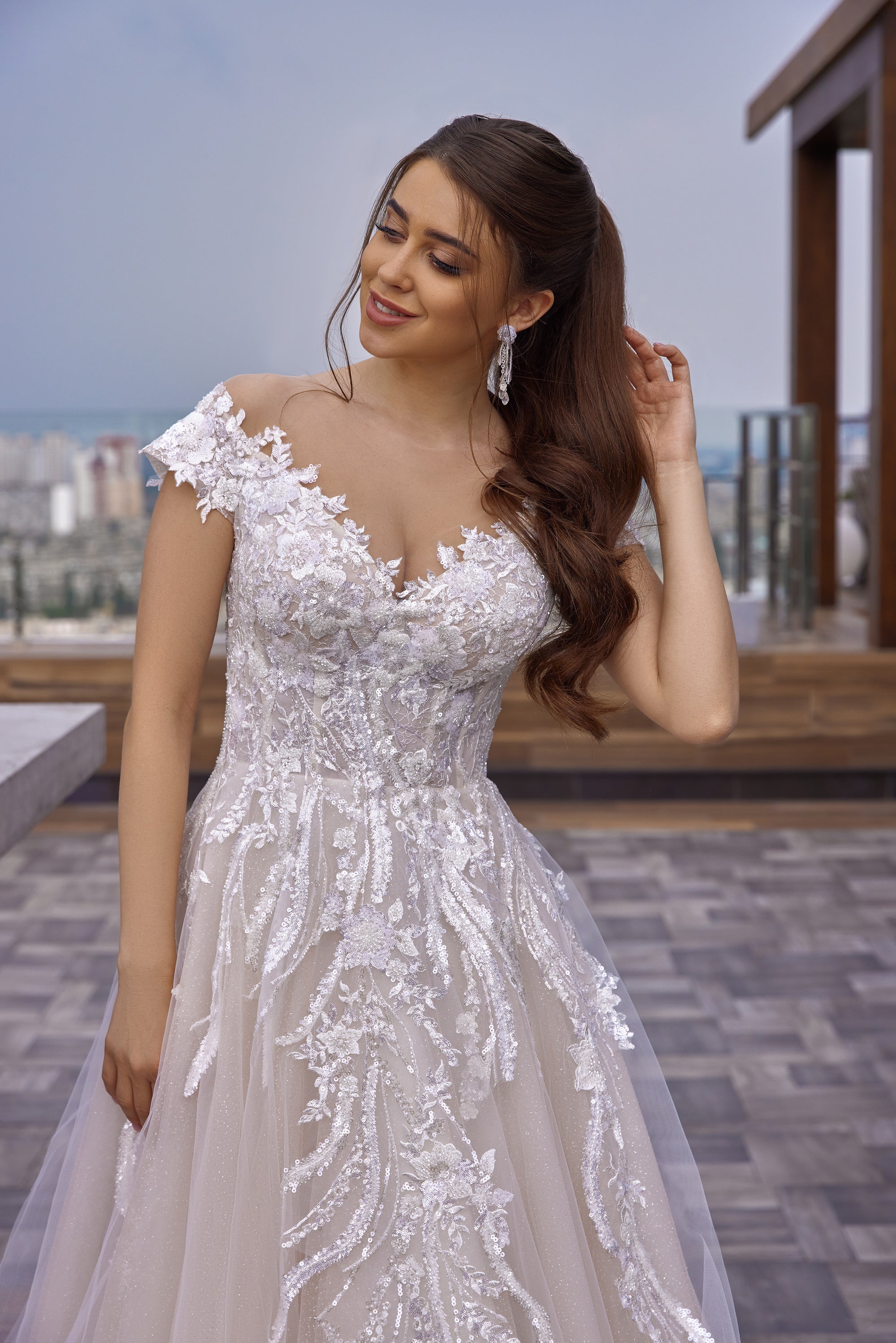 Ball Gown Wedding Dress with Lace Appliqués, Beading and Tulle Overlay, Off-the-Shoulder Neckline, Cap Sleeves, Cathedral Train