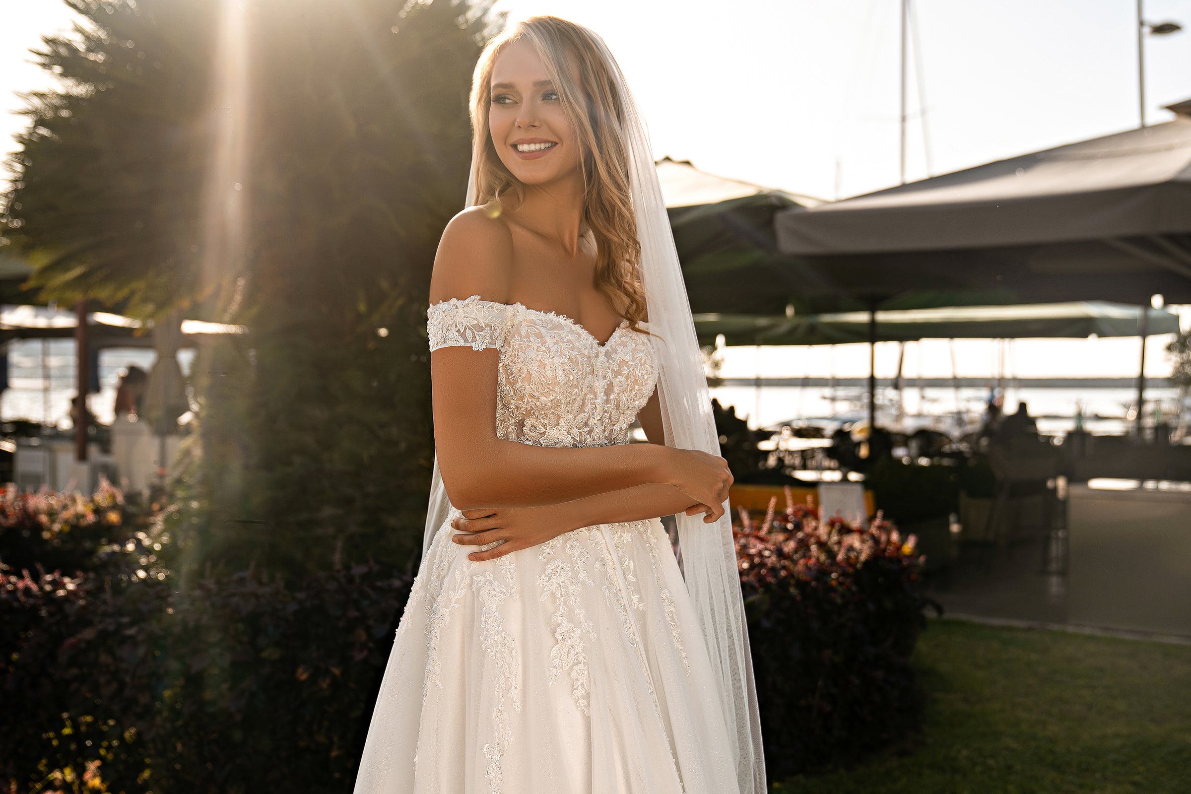 Beautiful Off-the-Shoulder Wedding Dress with Embroidered Guipure and Beads
