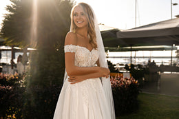 Beautiful Off-the-Shoulder Wedding Dress with Embroidered Guipure and Beads