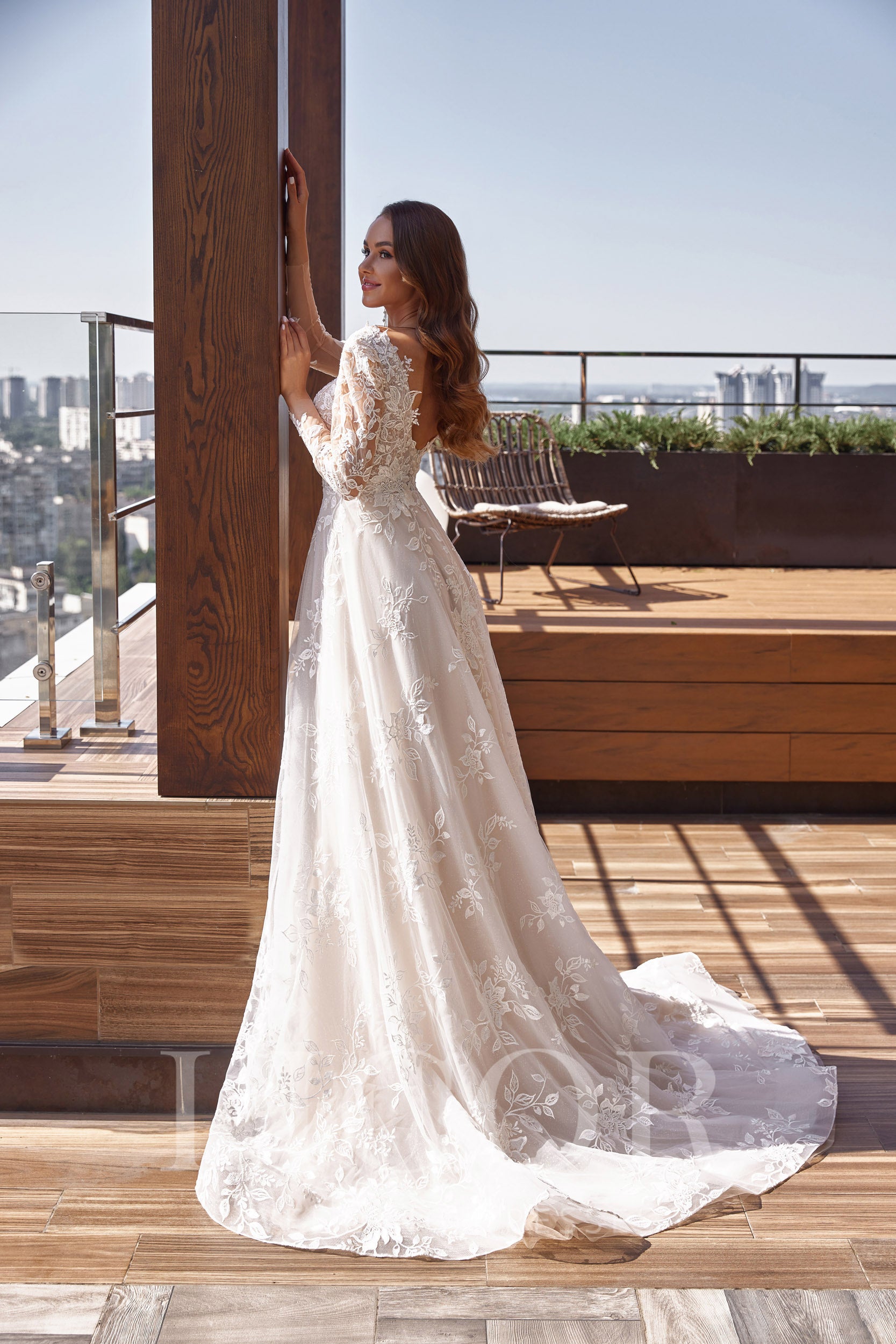 A-Line Wedding Dress With Floral Lace Appliqués, Illusion Neckline, Long Sleeves, Lace Over Tulle, Cathedral Train, Floor-Length, Romantic