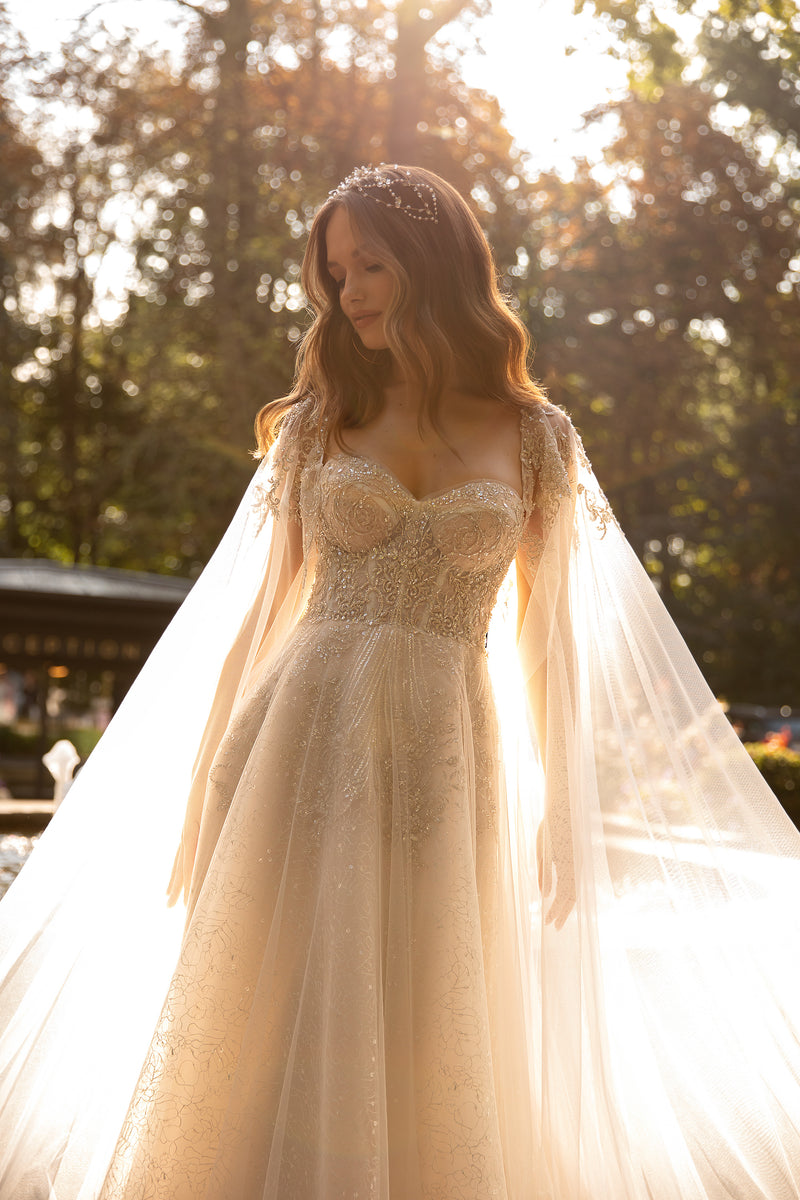 Ivory A-line wedding dress with a sweetheart neckline, glittering bodice, and sheer draped sleeves