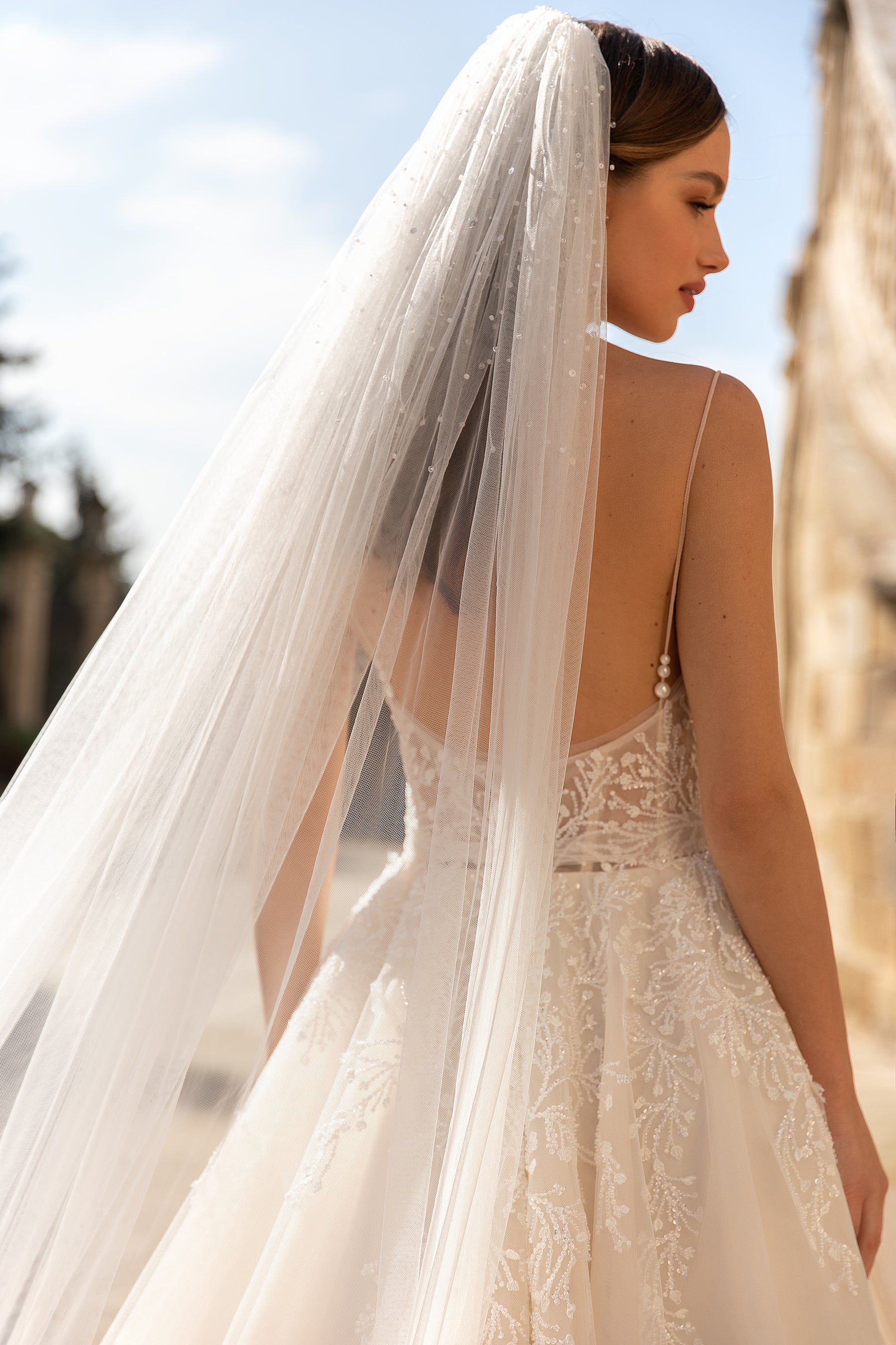 2 in 1 V-Neck Wedding Gown with Spaghetti Straps and Open Back