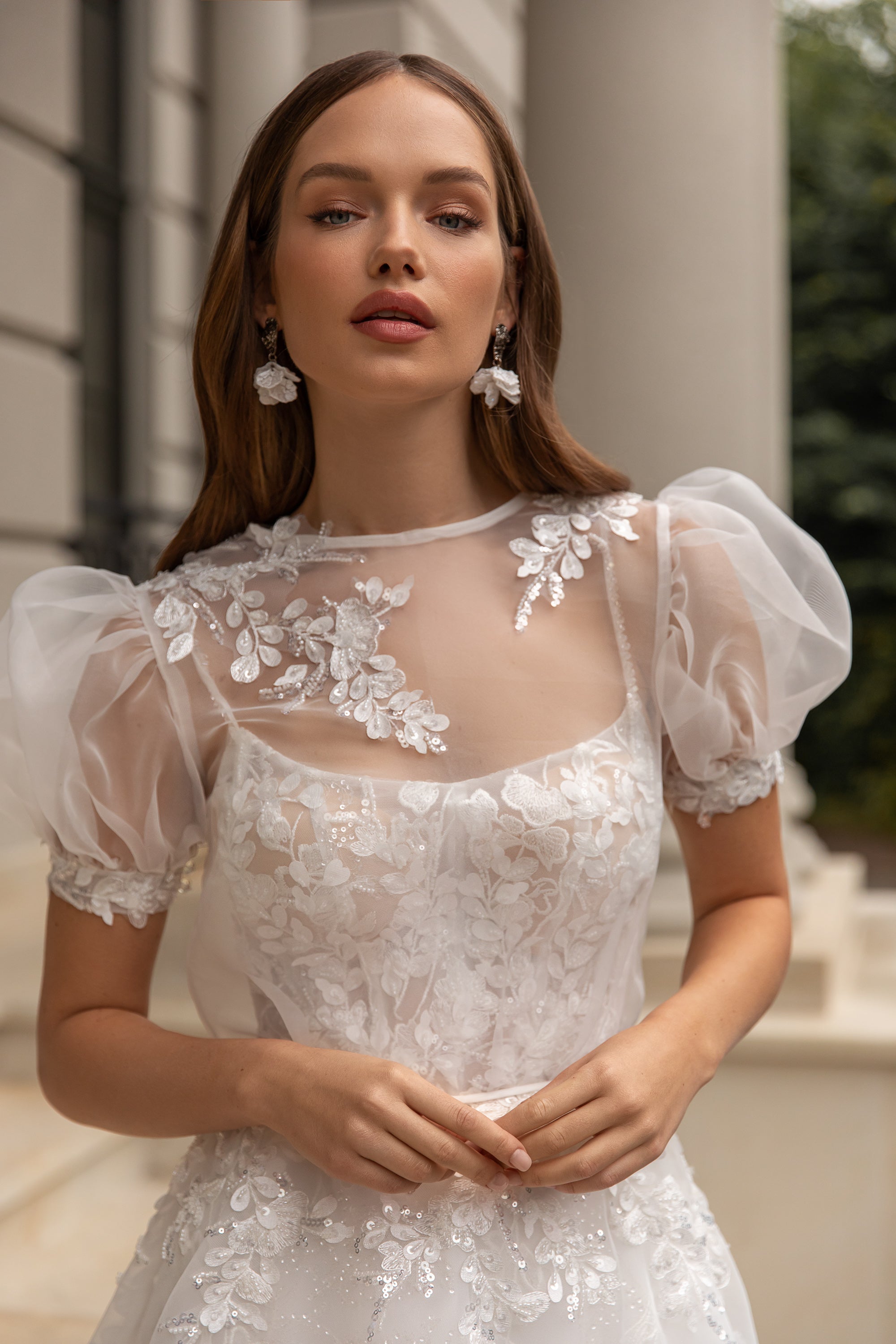 Spaghetti Straps Wedding Dress with Short Puffy Sleeves