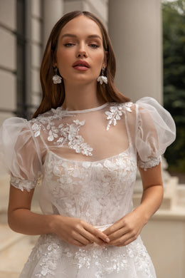 Spaghetti Straps Wedding Dress with Short Puffy Sleeves