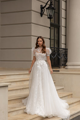 Spaghetti Straps Wedding Dress with Short Puffy Sleeves