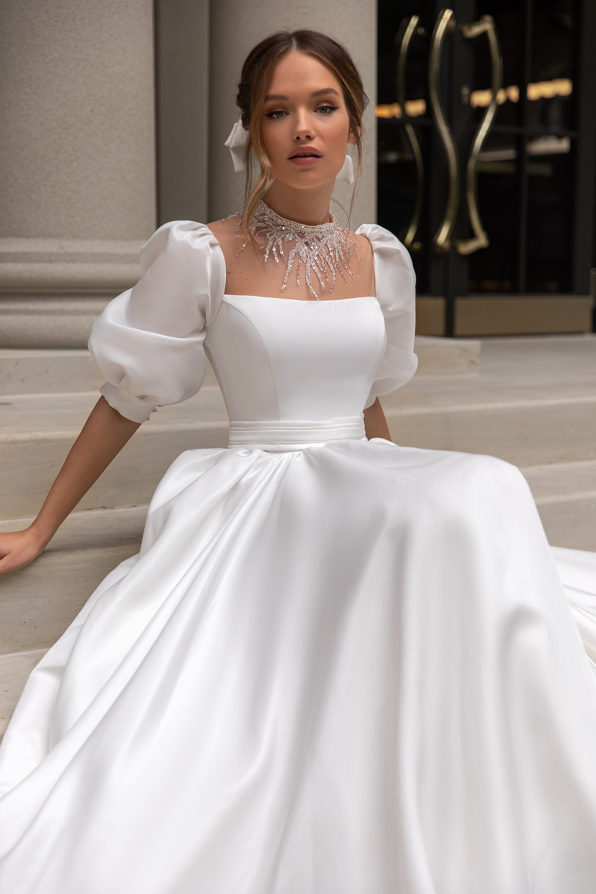 Royal A-Line Wedding Gown with Puffy Satin Sleeves and Skirt