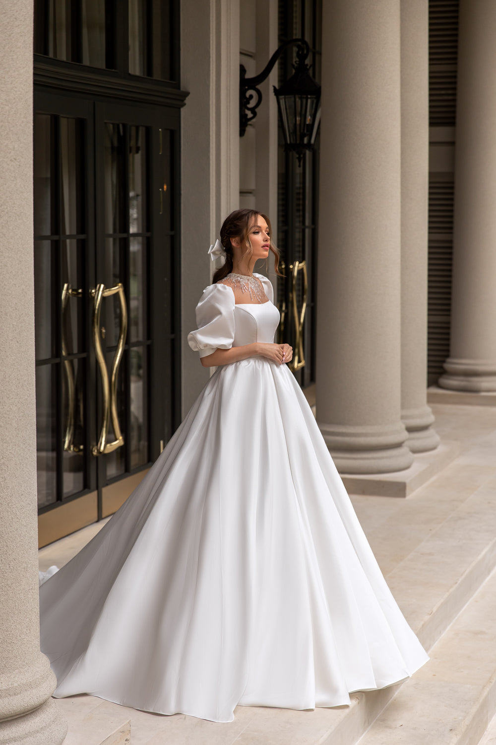 Royal A-Line Wedding Gown with Puffy Satin Sleeves and Skirt