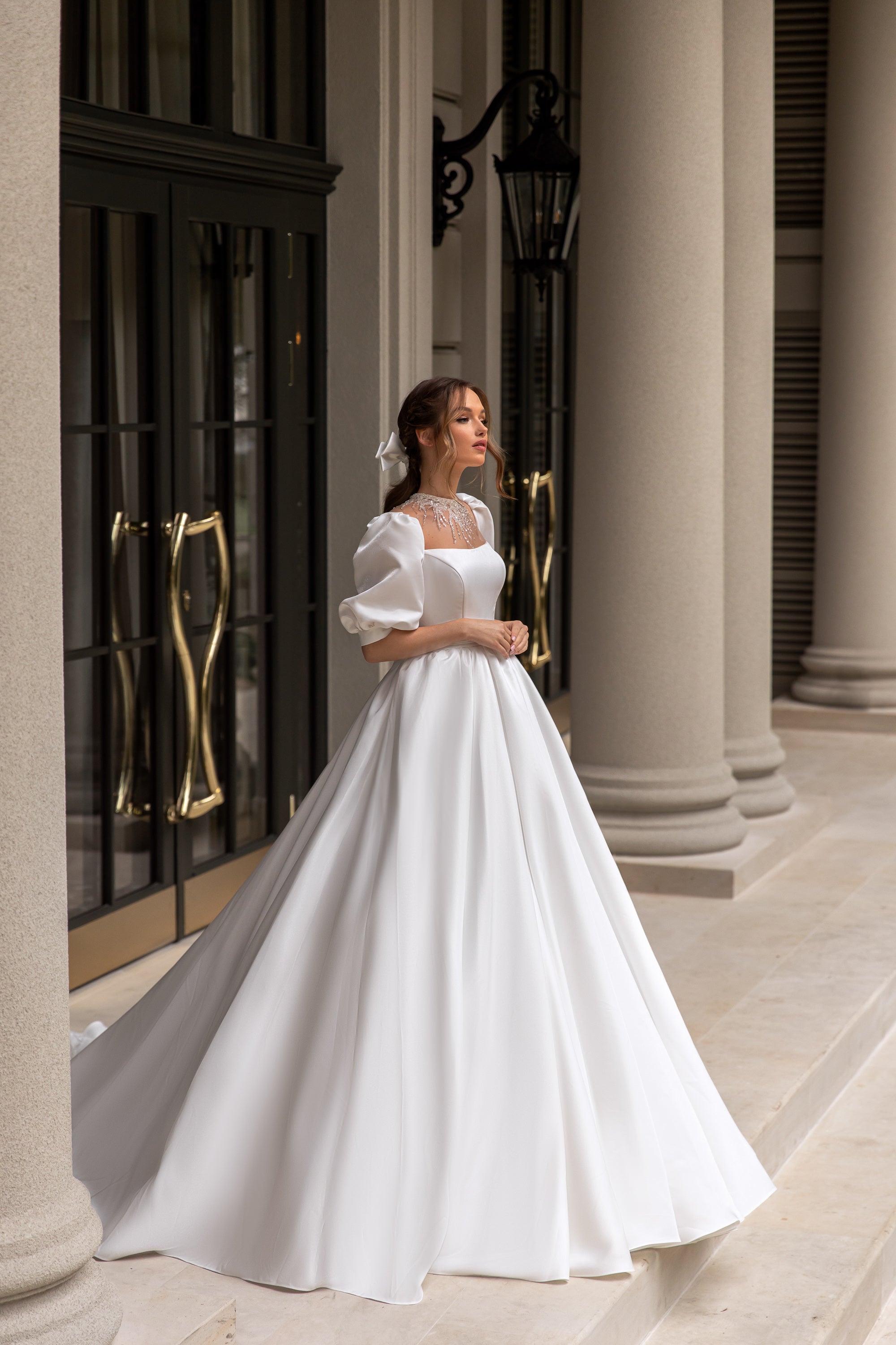 Royal A-Line Wedding Gown with Puffy Satin Sleeves and Skirt