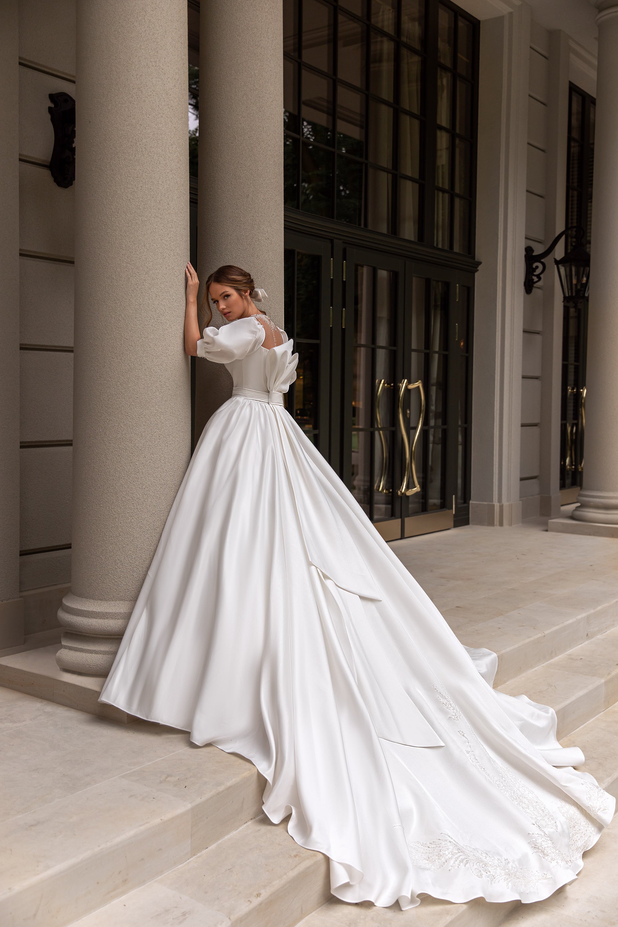Royal A-Line Wedding Gown with Puffy Satin Sleeves and Skirt