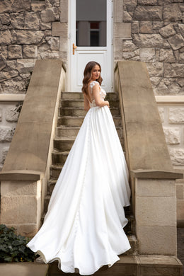 A-Line Deep V-Neck Satin Bridal Dress with Lace and Buttons Along Skirt