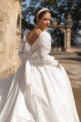 A-Line Satin Bridal Dress with Long Sleeve and Bow at the Back