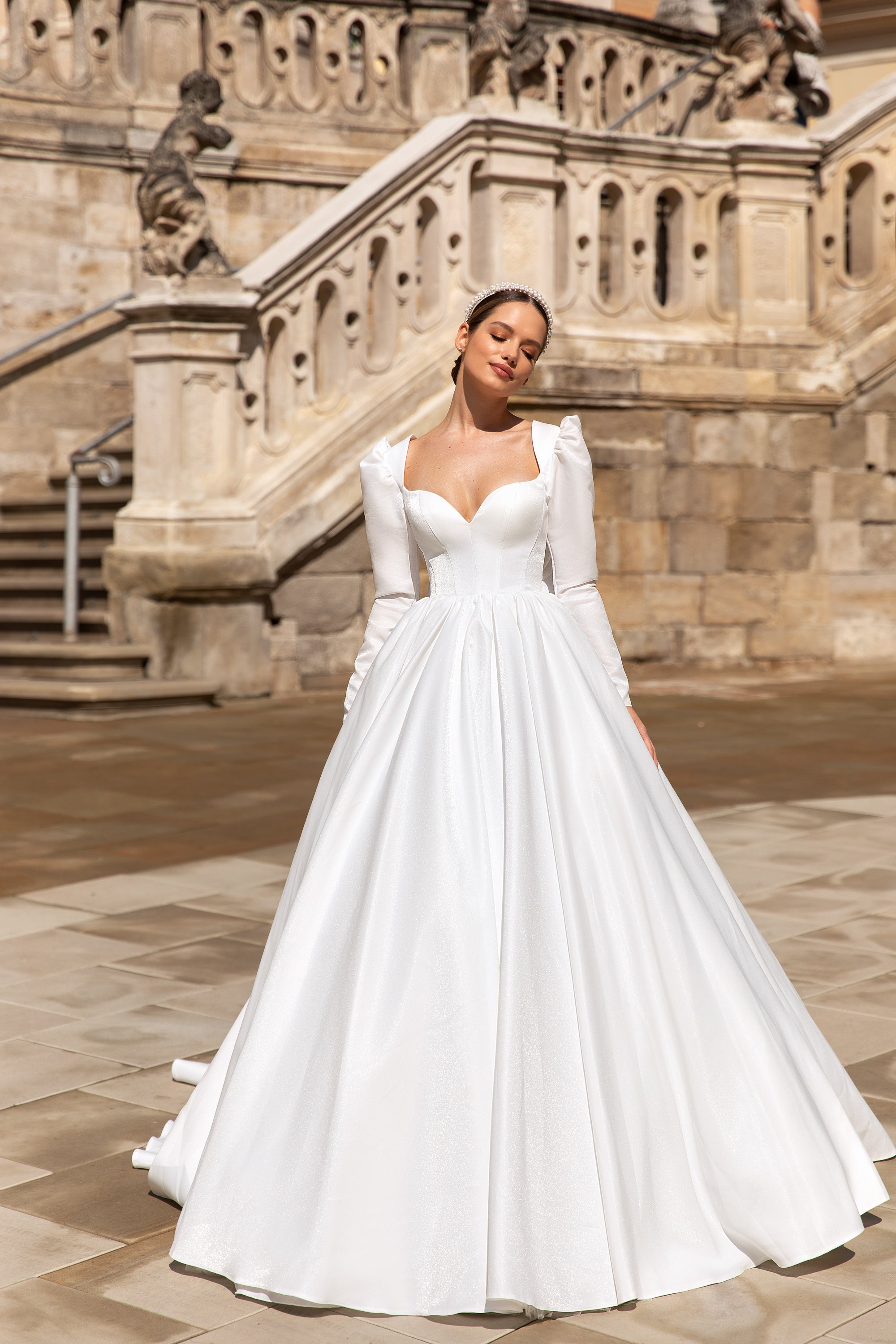 A-Line Satin Bridal Dress with Long Sleeve and Bow at the Back