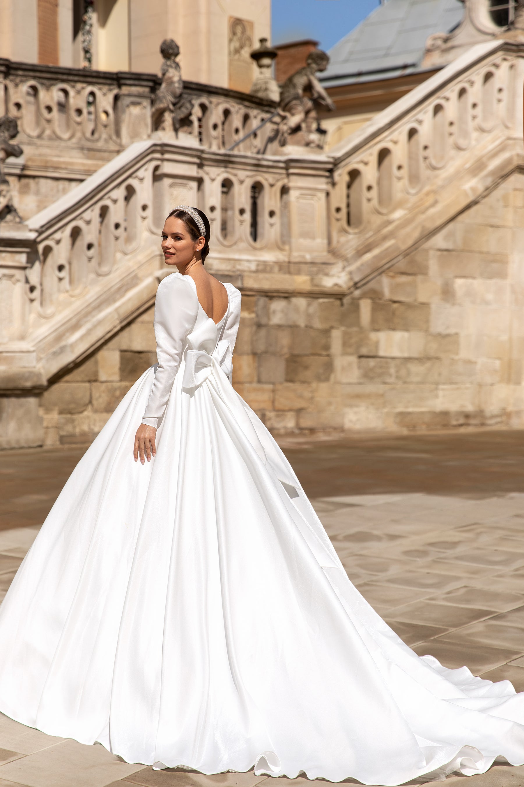 A-Line Satin Bridal Dress with Long Sleeve and Bow at the Back