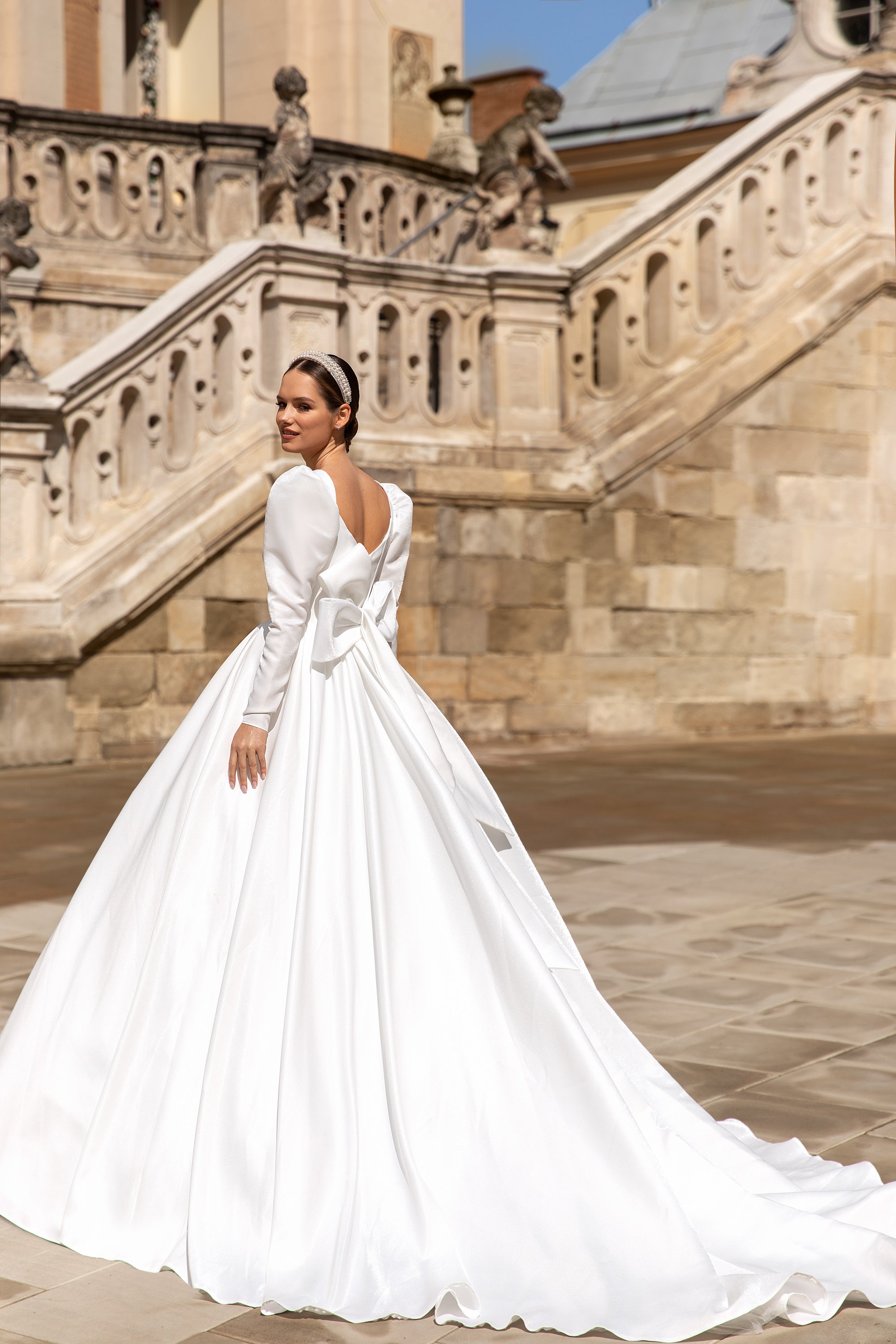 A-Line Satin Bridal Dress with Long Sleeve and Bow at the Back