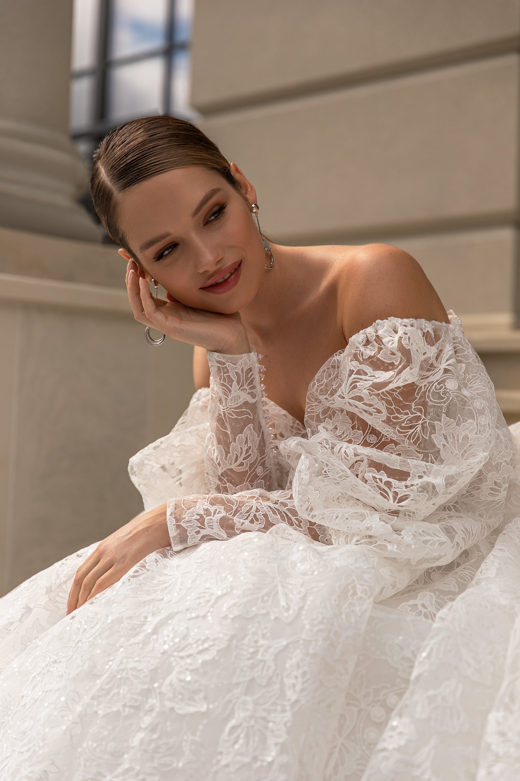 Lace Sweetheart Wedding Gown with Long Sleeves and Lacing Back for Royal Ball