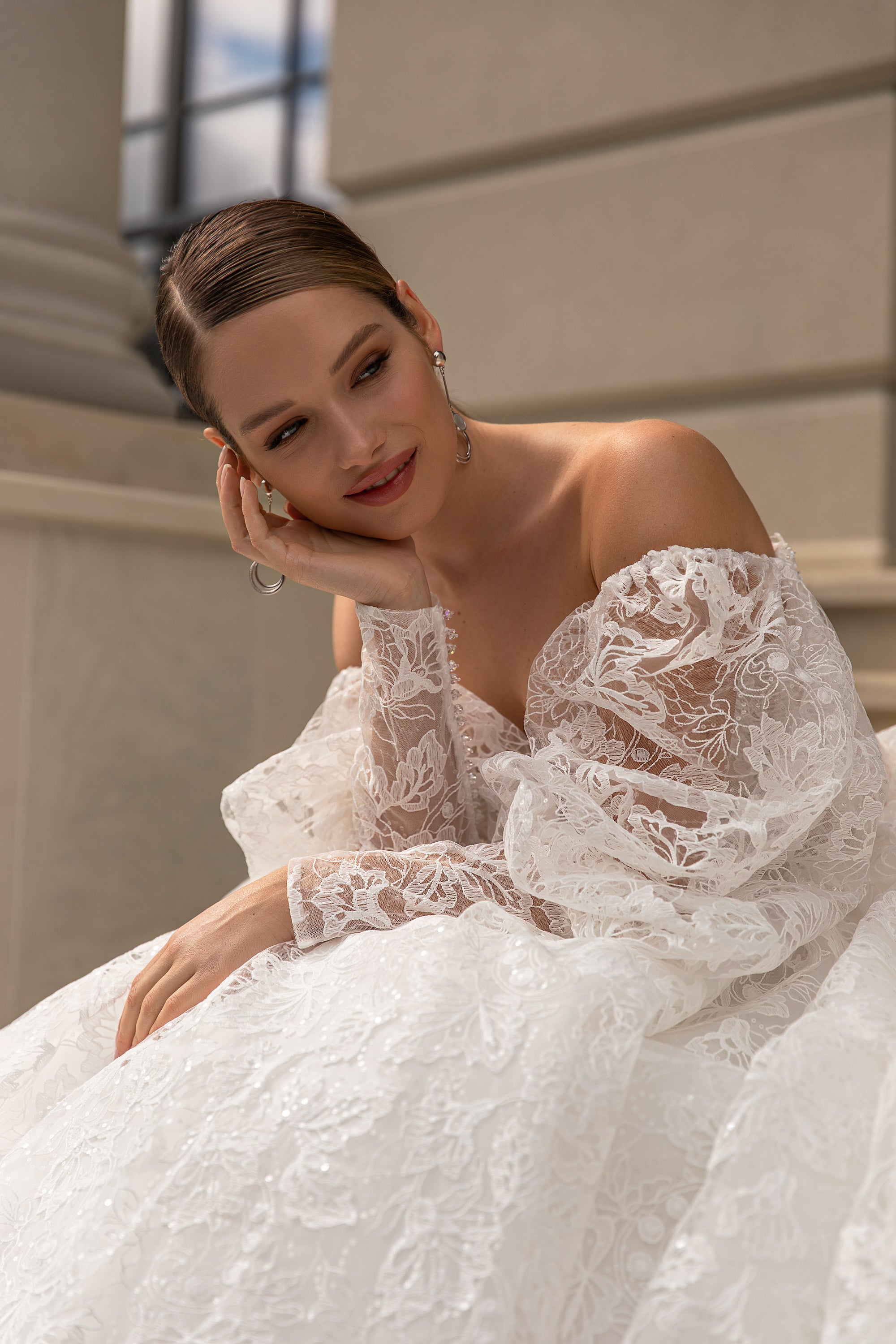 Lace Sweetheart Wedding Gown with Long Sleeves and Lacing Back for Royal Ball