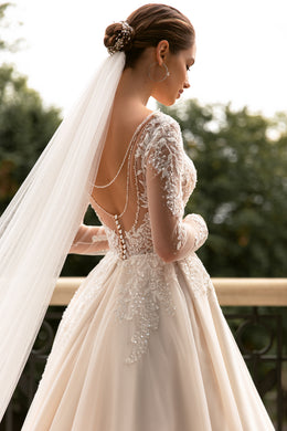 A-Line Deep V-Neck Bridal Dress with Tulle, Decorated Back, Long Sleeves, and Lace Top