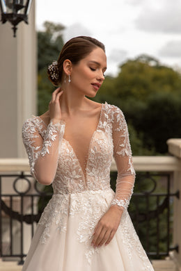 A-Line Deep V-Neck Bridal Dress with Tulle, Decorated Back, Long Sleeves, and Lace Top