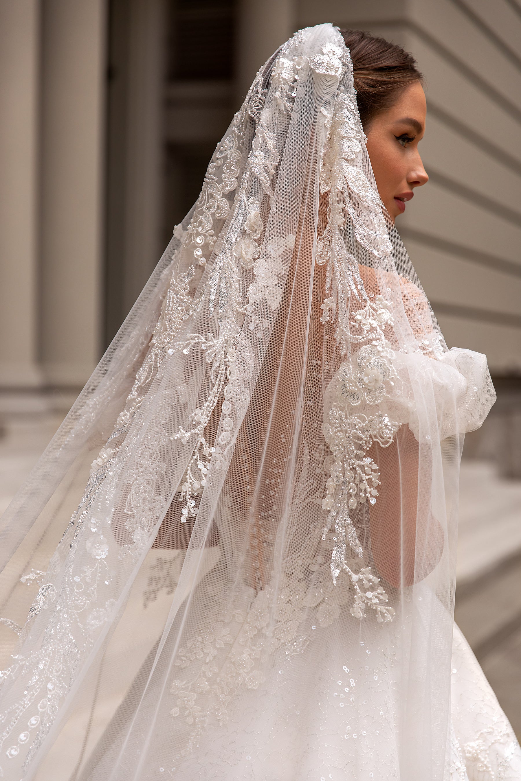 Close-up of a beaded back and puff sleeve beneath a sheer floral lace veil on a wedding dress