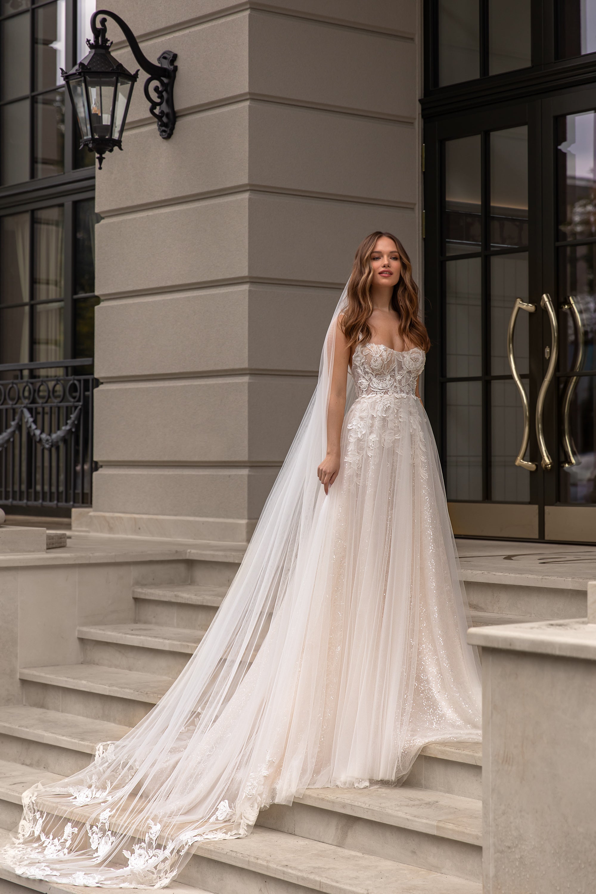 A-Line Bridal Gown Sweetheart with Tulle Sparkle, Spaghetti Straps, and Flower Lace