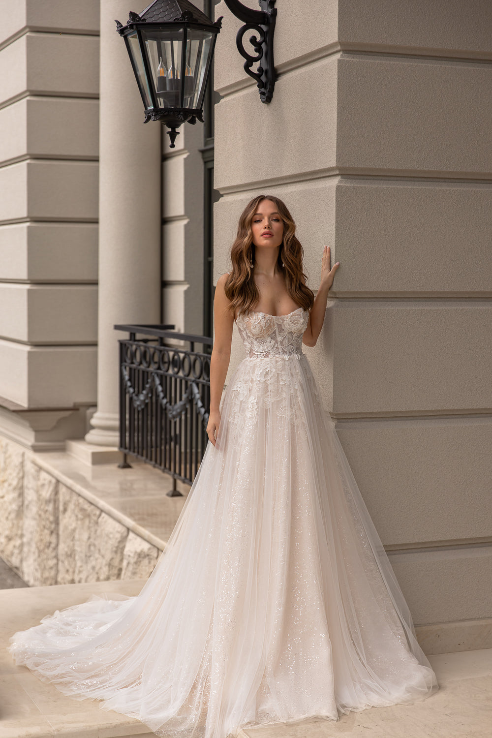 A-Line Bridal Gown Sweetheart with Tulle Sparkle, Spaghetti Straps, and Flower Lace