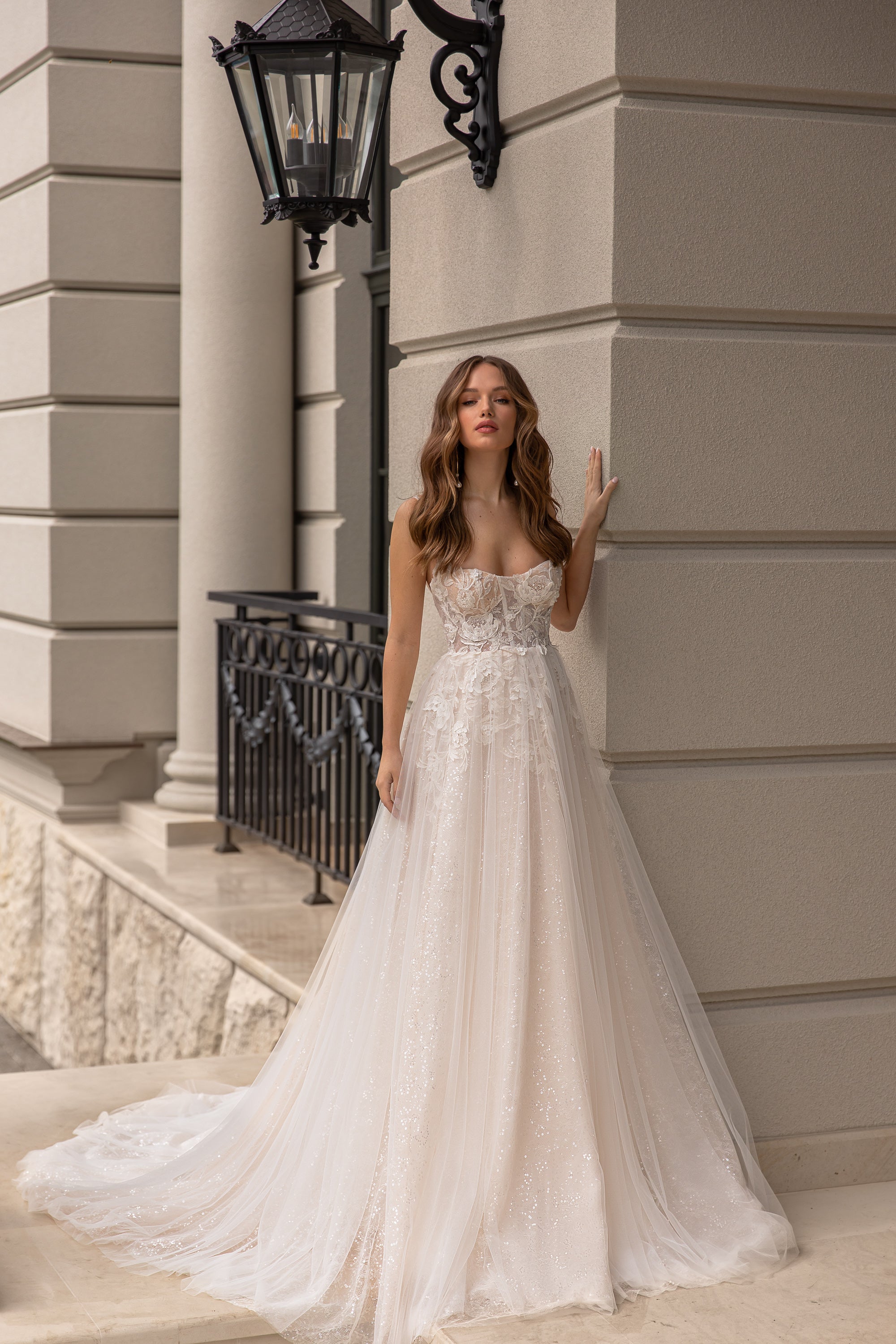 A-Line Bridal Gown Sweetheart with Tulle Sparkle, Spaghetti Straps, and Flower Lace