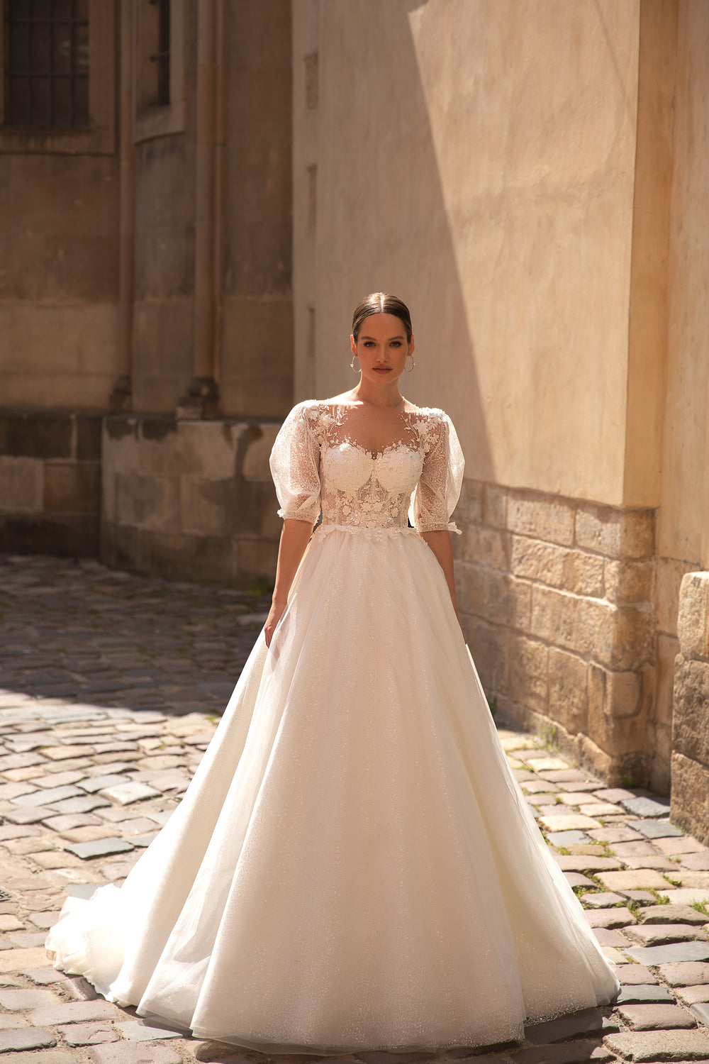 Elegant A-Line Short Sleeve Sparkling Lace Top Court Train Bridal Dress