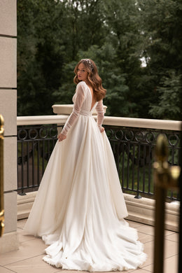 Gorgeous V-Neck Wedding Gown with Glitter Tulle, Long Sleeves, and Low Back