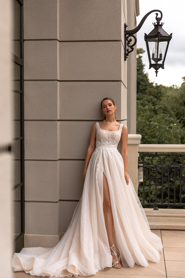 A-Line Shiny Wedding Gown with Square Neck and Slit Skirt