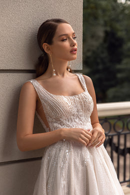 A-Line Shiny Wedding Gown with Square Neck and Slit Skirt